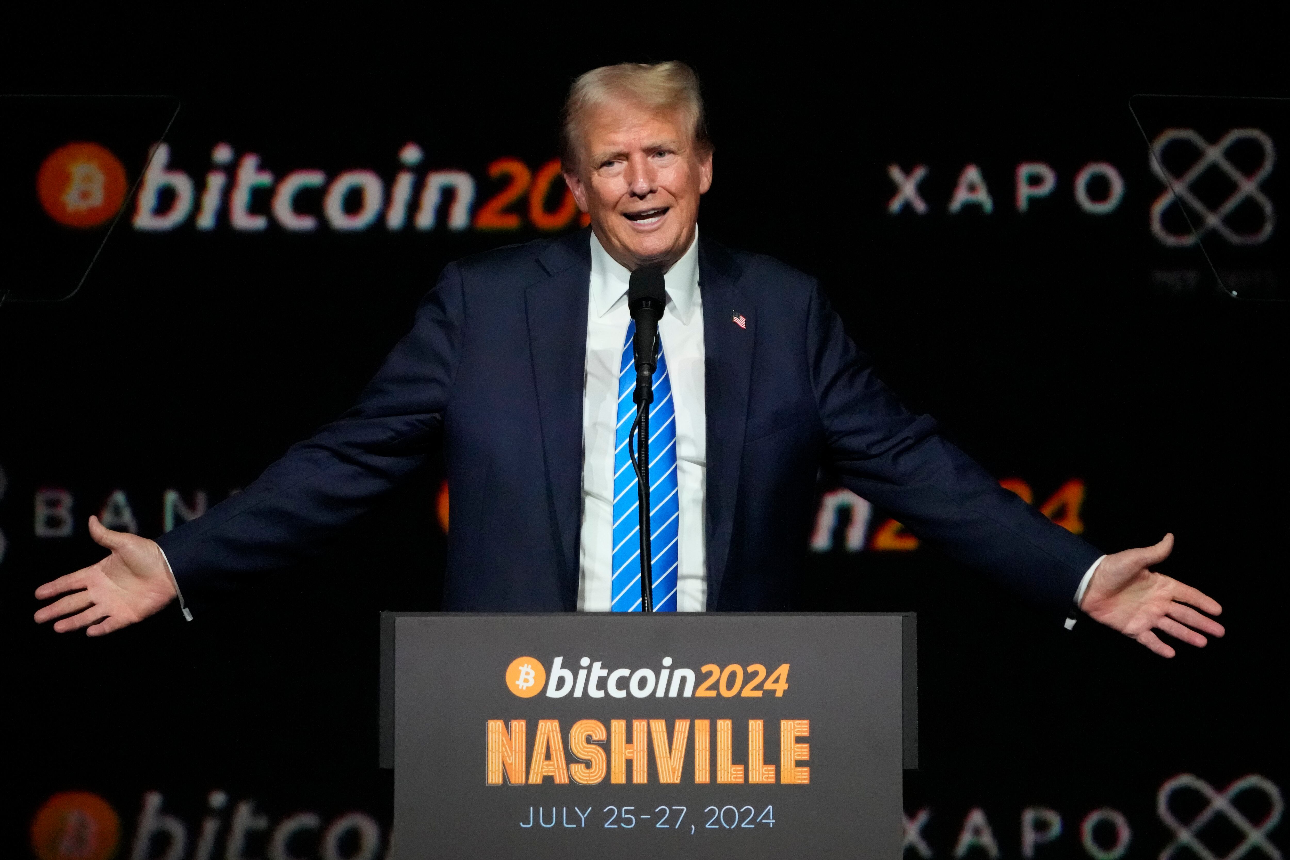 FILE - Then Former President Donald Trump speaks at the Bitcoin 2024 Conference, July 27,...