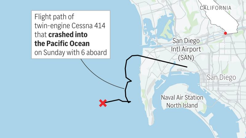 A small plane crashed into the Pacific on Sunday shortly after takeoff from a San Diego airport.