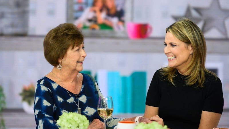 In this image provided by NBCUniversal, Savannah Guthrie, right, her mom Nancy speak,...