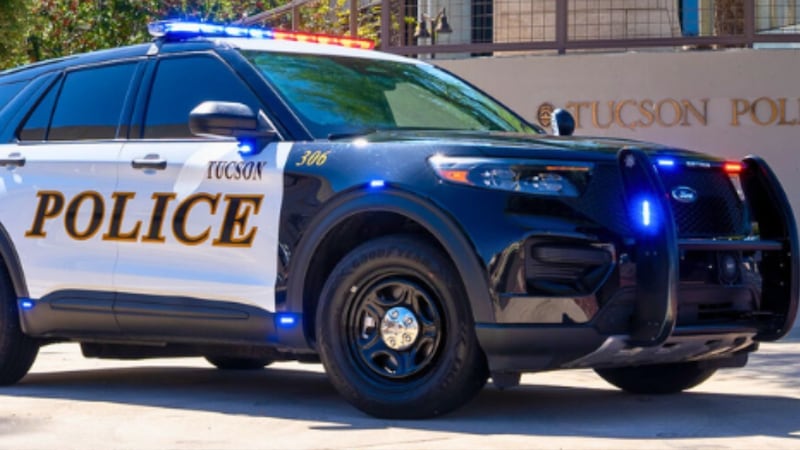 A Tucson police vehicle in front of the Tucson police department.