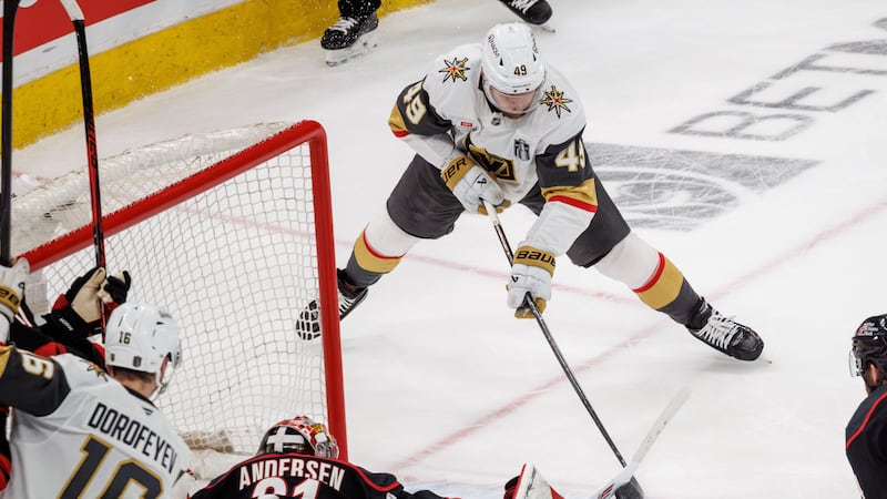 Carolina Hurricanes' Frederik Andersen (31) makes a save against Vegas Golden Knights' Ivan...